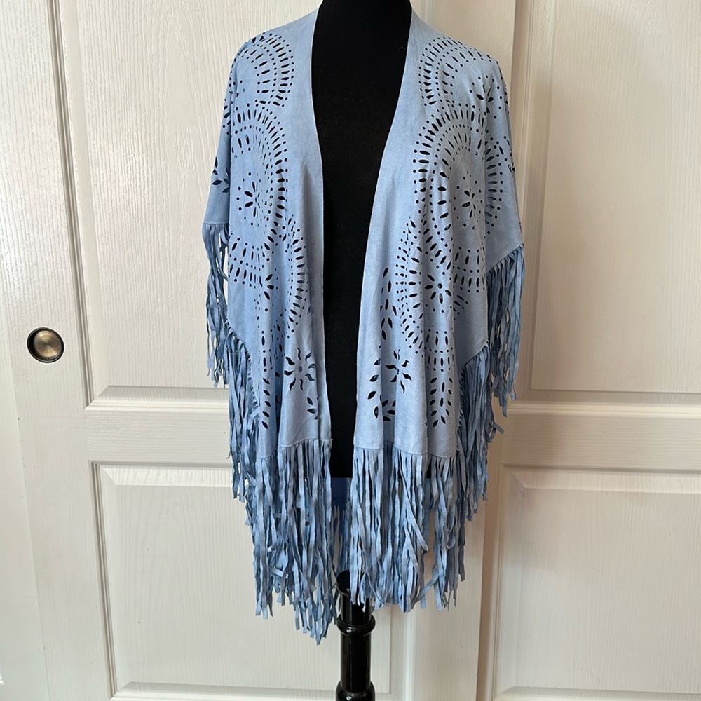 Blue Faux Suede Cutout Fringe Shawl